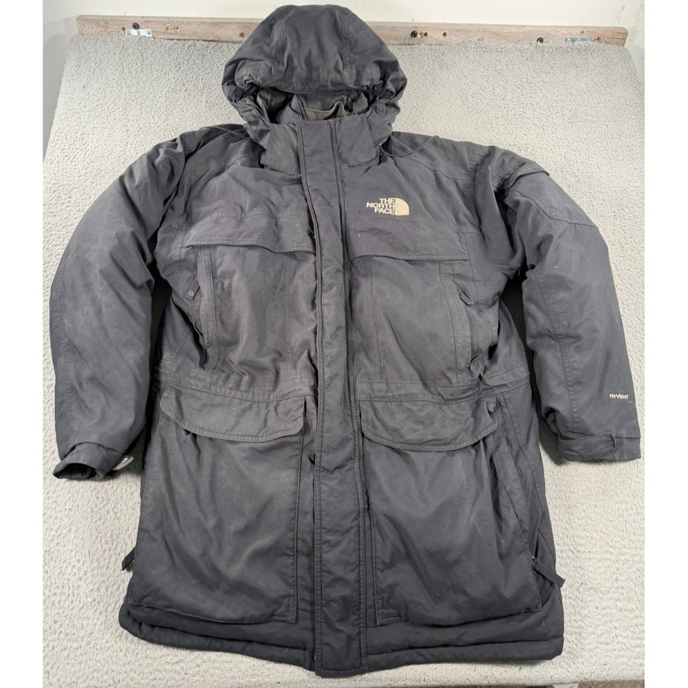 The North Face HyVent Jacket Mens XL Black Goose Down Parka Hooded Full Zip Snap